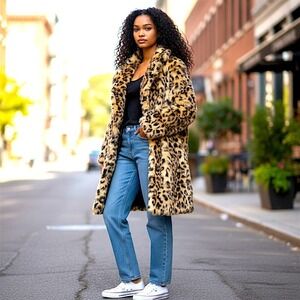 Womens Sz Med Lanshefei Leopard Faux Fur Coat Old Money Lux Style Rich Mob Wife